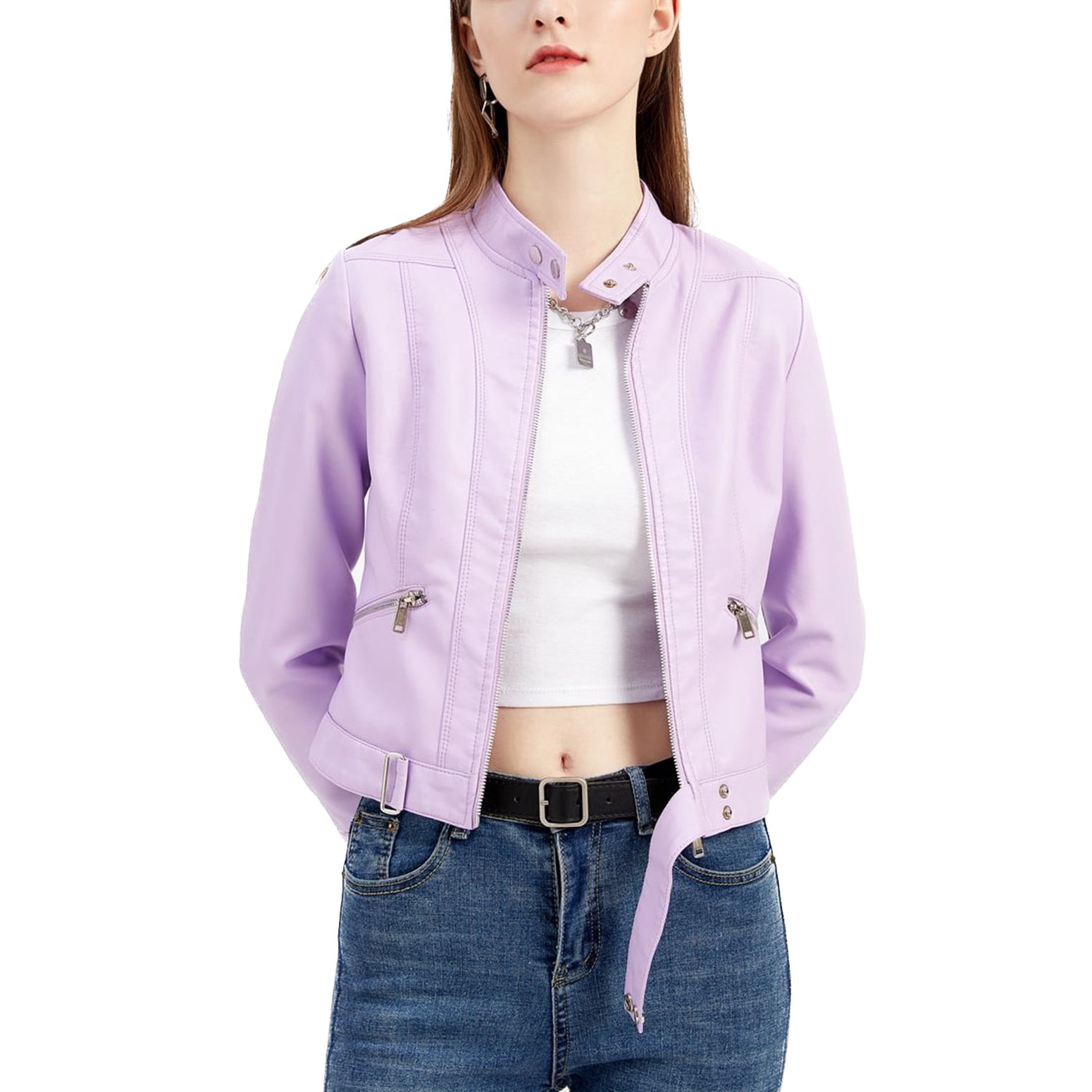 Defitshape Women's Faux Leather Jacket Winter Fashion Crop Moto Jackets & Coats Long Sleeve Fall Top Mock Neck Zipper Pocket Full Zip Short Jacket Pink X-Large