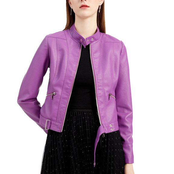 Defitshape Women's Faux Leather Jacket Winter Fashion Crop Moto Jackets & Coats Long Sleeve Fall Top Mock Neck Zipper Pocket Full Zip Short Jacket violet XX-Large