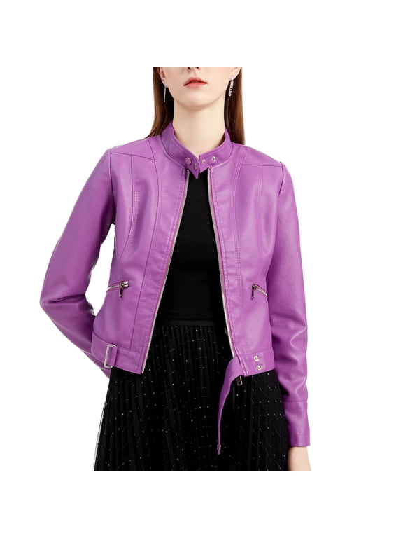 Women's Faux Leather Jacket Winter Fashion Crop Moto Jackets & Coats Long Sleeve Fall Top Mock Neck Zipper Pocket Full Zip Short Jacket violet Large