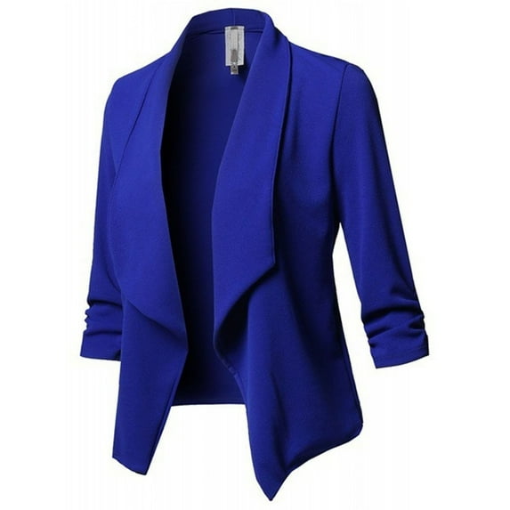 Defitshape Women's Fitted Blazer Long Sleeve Top Fashion Short Spring Casual Business Open Front Cardigan Blazer Blue Large