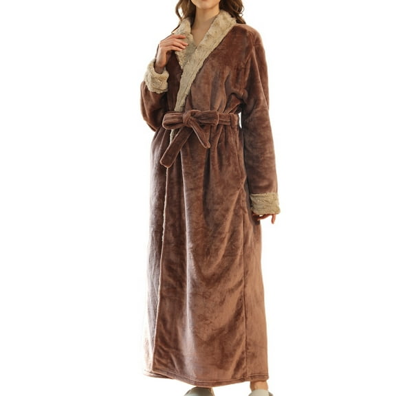 Defitshape Women's Flannel Long Bath Robe Winter Warm Pocket Fleece Fuzzy Plush Bathrobe Full Length Coffee Medium