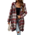thumbnail image 1 of Defitshape Women's Flannel Shirt Jacket Long Full Zip Shacket Hooded Long Sleeve Spring Fall Top Vintage Travel Casual Oversized Baggy Shacket Red Large, 1 of 5