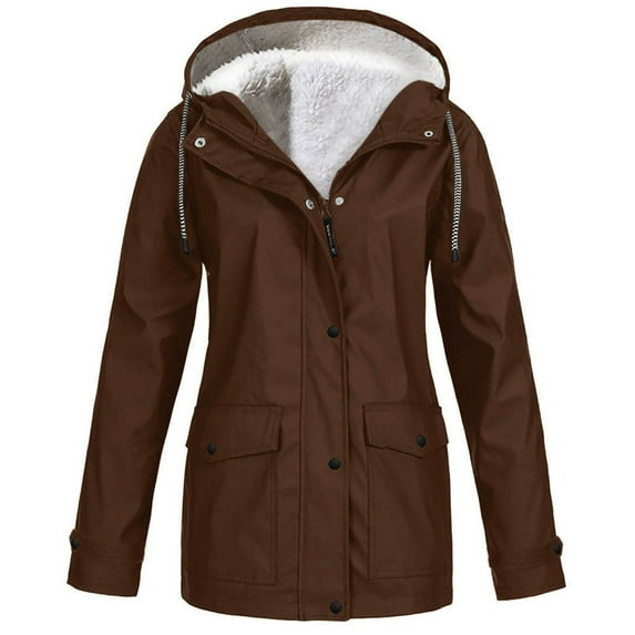 Defitshape Women's Fleece Lined Anorak Jacket Fall Top Winter Jackets Hooded Zip Up Spring Snow Zippered Pocket Long Sleeve Brown Large