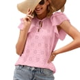 thumbnail image 1 of Defitshape Women's Flutter Short Sleeve T Shirt Cotton Summer Eyelet Top Cute Loose Flowy Lightweight Key Hole Knotted Ruffle V Neck Blouse Pink X-Large, 1 of 4