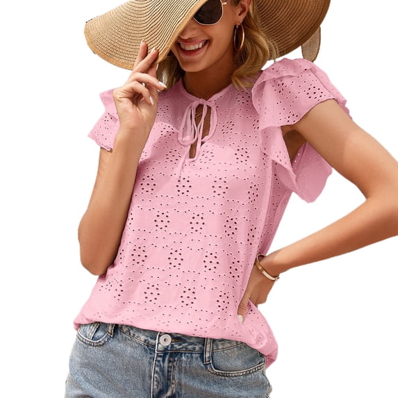 Defitshape Women's Flutter Short Sleeve T Shirt Cotton Summer Eyelet Top Cute Loose Flowy Lightweight Key Hole Knotted Ruffle V Neck Blouse Pink X-Large