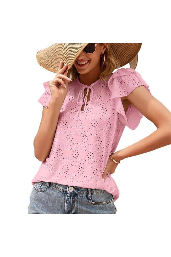 Women's Flutter Short Sleeve T Shirt Cotton Summer Eyelet Top Cute Loose Flowy Lightweight Key Hole Knotted Ruffle V Neck Blouse Pink X-Large