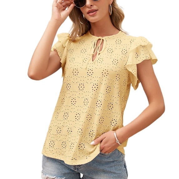 Defitshape Women's Flutter Short Sleeve T Shirt Cotton Summer Eyelet Top Cute Loose Flowy Lightweight Key Hole Knotted Ruffle V Neck Blouse Yellow Large