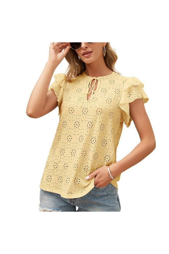 Women's Flutter Short Sleeve T Shirt Cotton Summer Eyelet Top Cute Loose Flowy Lightweight Key Hole Knotted Ruffle V Neck Blouse Yellow Large