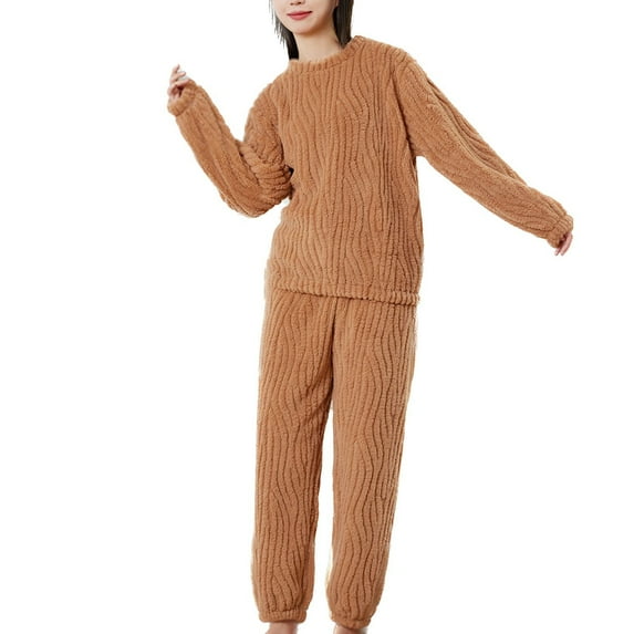 Defitshape Women's Fuzzy Fleece Lounge Set Cute Themal Soft Comfy 2 Piece Plush Long Sleeve Long Pants Pajama Set Warm Casual Oversized Pajamas Baggy Winter Loungewear Khaki Small-Large