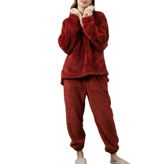 Defitshape Women's Fuzzy Fleece Pajama Set 2 Piece Fluffy Pjs Long Sleeve Shirt Pants Set Ladies Cute Winter Fall Warm Thermal Loose Baggy Plush Lounge Set Loungewear Red Large