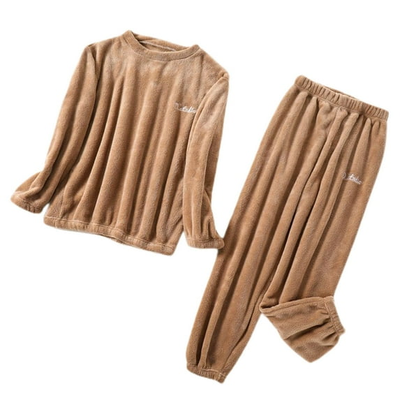 Defitshape Women's Fuzzy Fleece Pajama Set Thick Warm Loose Fit Cozy Winter Loungewear Plush 2 Piece Long Sleeve Long Pants Pjs Cute Lightweight Lounge Set Coffee Small-Large