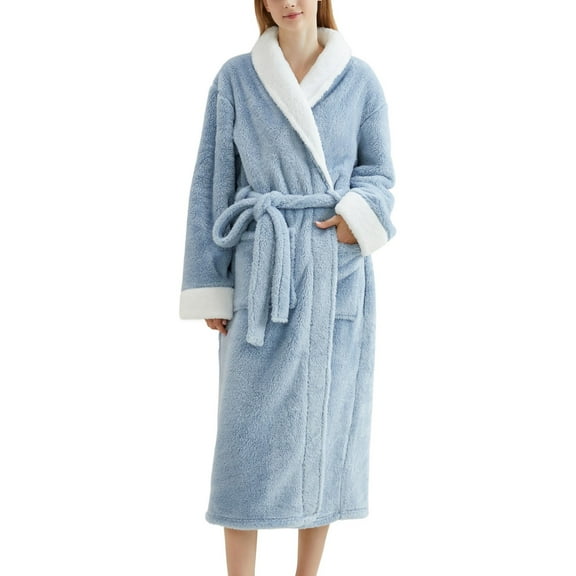 Defitshape Women's Fuzzy Fleece Robe Calf Length Kimono Long Bathrobe Cold Weather Bathrobes Plush Warm Winter Billowy Pocket Baggy Nightwear Blue Large
