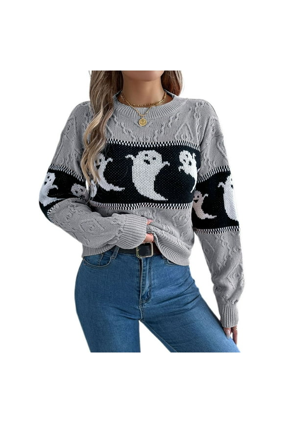 Women's Halloween Knit Pullover Sweater Knitted Sweater Warm Spring Crewneck Fashion Loose Fit Drop Shoulder Short Knitwear Ghost Printed Long Sleeve Fall Top Grey Large