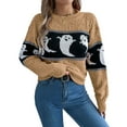 thumbnail image 1 of Defitshape Women's Halloween Knit Pullover Sweater Knitted Sweater Warm Spring Crewneck Fashion Loose Fit Drop Shoulder Short Knitwear Ghost Printed Long Sleeve Fall Top Khaki Large, 1 of 5