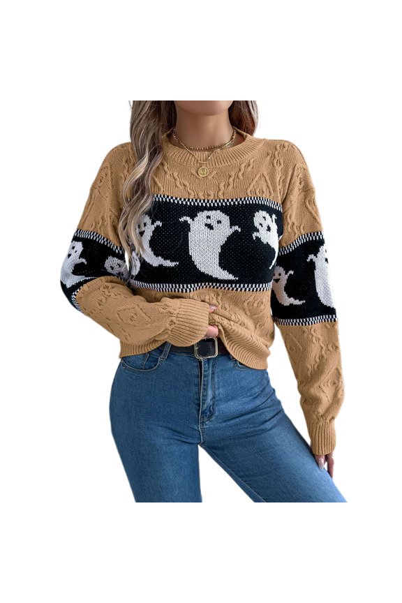Women's Halloween Knit Pullover Sweater Knitted Sweater Warm Spring Crewneck Fashion Loose Fit Drop Shoulder Short Knitwear Ghost Printed Long Sleeve Fall Top Khaki X-Large