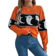 thumbnail image 1 of Defitshape Women's Halloween Knit Pullover Sweater Knitted Sweater Warm Spring Crewneck Fashion Loose Fit Drop Shoulder Short Knitwear Ghost Printed Long Sleeve Fall Top Orange Large, 1 of 5