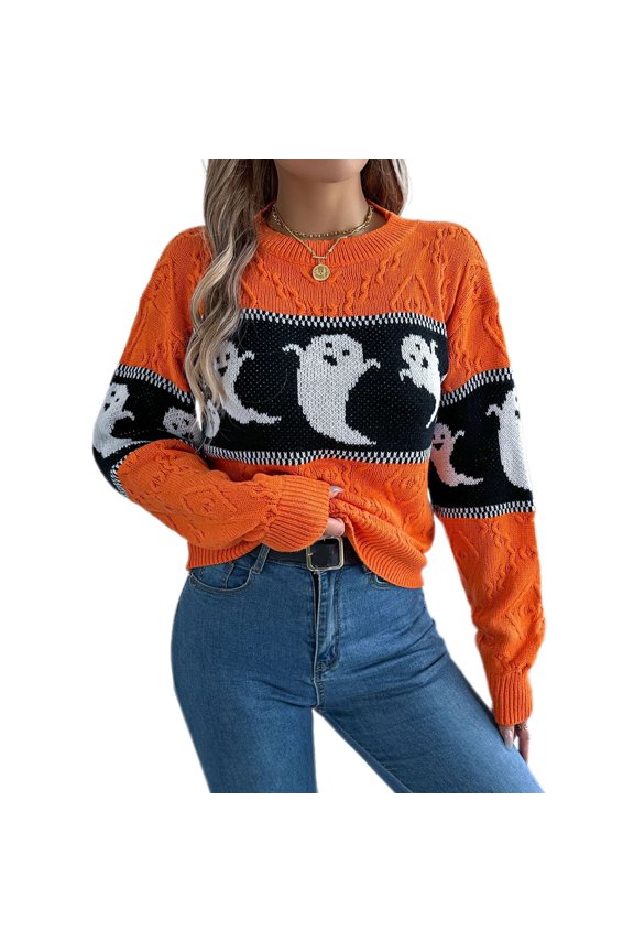 Women's Halloween Knit Pullover Sweater Knitted Sweater Warm Spring Crewneck Fashion Loose Fit Drop Shoulder Short Knitwear Ghost Printed Long Sleeve Fall Top Orange Medium