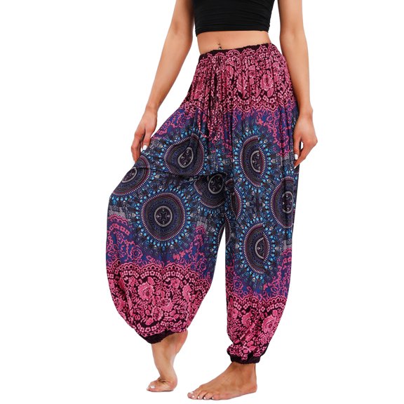 Defitshape Women's Harem Boho Pants Yoga Boho Jogger Hippie Printed Elastic Waist Genie Pants Beach Parachute Bohemian Cool Summer Drawstring Trousers Patterned2 One Size