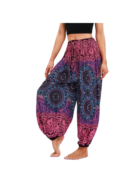 Women's Harem Boho Pants Yoga Boho Jogger Hippie Printed Elastic Waist Genie Pants Beach Parachute Bohemian Cool Summer Drawstring Trousers Patterned2 One Size