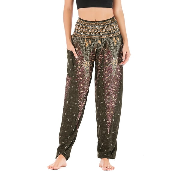 Defitshape Women's Harem Boho Pants Yoga Hippie Jogger Genie Pants with Pocket Smocked Waist Cool Summer Beach Trousers Bohemian Parachute Elastic Waist High Waisted Patterned6 One Size