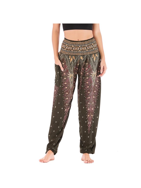Women's Harem Boho Pants Yoga Hippie Jogger Genie Pants with Pocket Smocked Waist Cool Summer Beach Trousers Bohemian Parachute Elastic Waist High Waisted Patterned6 One Size