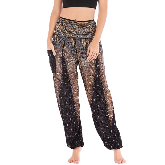 Defitshape Women's Harem Boho Pants Yoga Hippie Jogger Genie Pants with Pocket Smocked Waist Cool Summer Beach Trousers Bohemian Parachute Elastic Waist High Waisted Patterned9 One Size