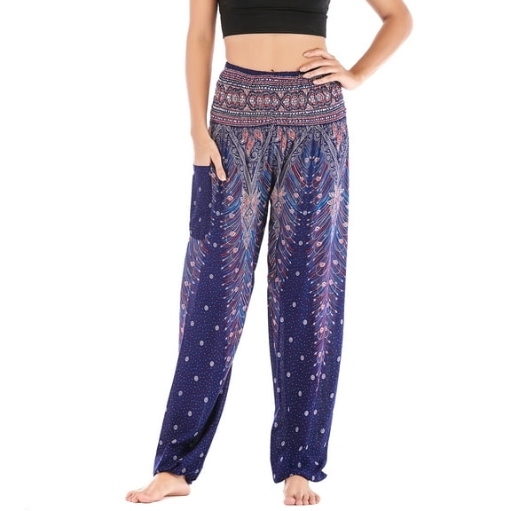 Defitshape Women's Harem Boho Pants Yoga Hippie Jogger Genie Pants with Pocket Smocked Waist Cool Summer Beach Trousers Bohemian Parachute Elastic Waist High Waisted Patterned4 One Size