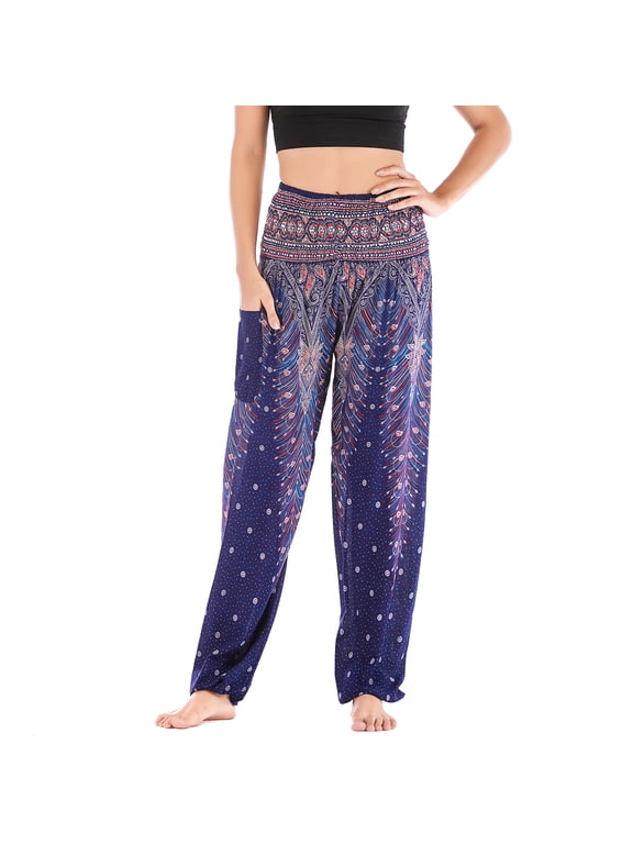 Women's Harem Boho Pants Yoga Hippie Jogger Genie Pants with Pocket Smocked Waist Cool Summer Beach Trousers Bohemian Parachute Elastic Waist High Waisted Patterned4 One Size