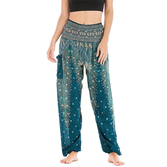 Defitshape Women's Harem Boho Pants Yoga Hippie Jogger Genie Pants with Pocket Smocked Waist Cool Summer Beach Trousers Bohemian Parachute Elastic Waist High Waisted Patterned7 One Size