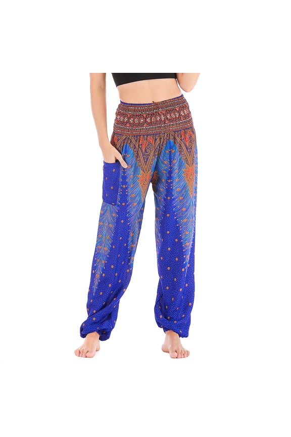 Women's Harem Boho Pants Yoga Hippie Jogger Genie Pants with Pocket Smocked Waist Cool Summer Beach Trousers Bohemian Parachute Elastic Waist High Waisted Patterned10 One Size