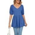 thumbnail image 1 of Defitshape Women's High T Shirt V Neck Top Short Sleeve Cotton Loose Crop Transformer Holiday One Shoulder Shirt Blue Medium, 1 of 4