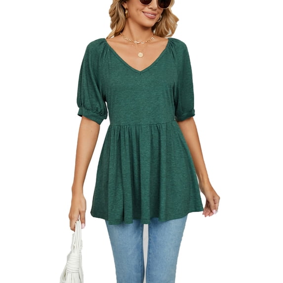 Defitshape Women's High T Shirt V Neck Top Short Sleeve Cotton Loose Crop Transformer Holiday One Shoulder Shirt Dark Green Large