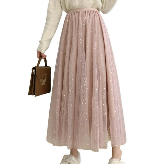 Defitshape Women's High Waist Skirt Tulle Tulle Skirt Tutu Calf Length Fancy Cotton Sequin Fall A Line Casual Pink Small-X-Large