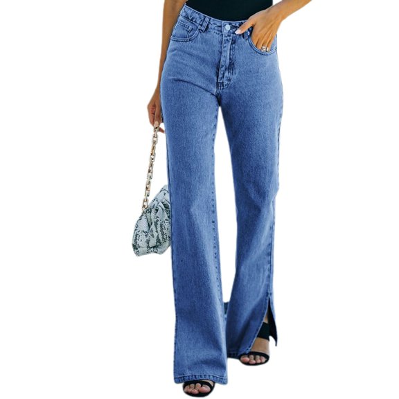 Defitshape Women's High Waisted Denim Pants Washed Slim Fit Trousers Full Length Mid Rise Straight Leg Side Slit Casual Long Slimming Jeans Dark Blue Medium