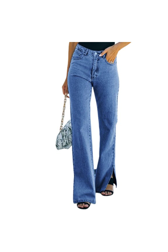 Women's High Waisted Denim Pants Washed Slim Fit Trousers Full Length Mid Rise Straight Leg Side Slit Casual Long Slimming Jeans Dark Blue Medium