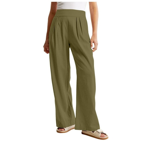 Defitshape Women's High Waisted Pants Linen Casual Lounge Pants Long Palazzo Wide Leg Soft Comfy Beach Summer Trousers Army Green Large