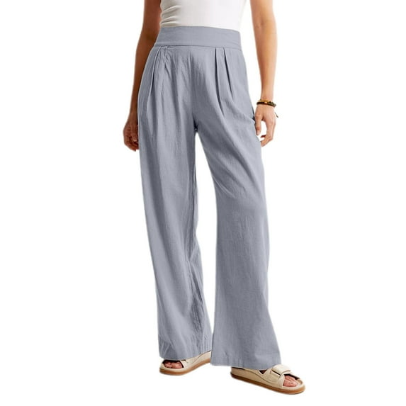 Defitshape Women's High Waisted Pants Linen Casual Lounge Pants Long Palazzo Wide Leg Soft Comfy Beach Summer Trousers Grey Large