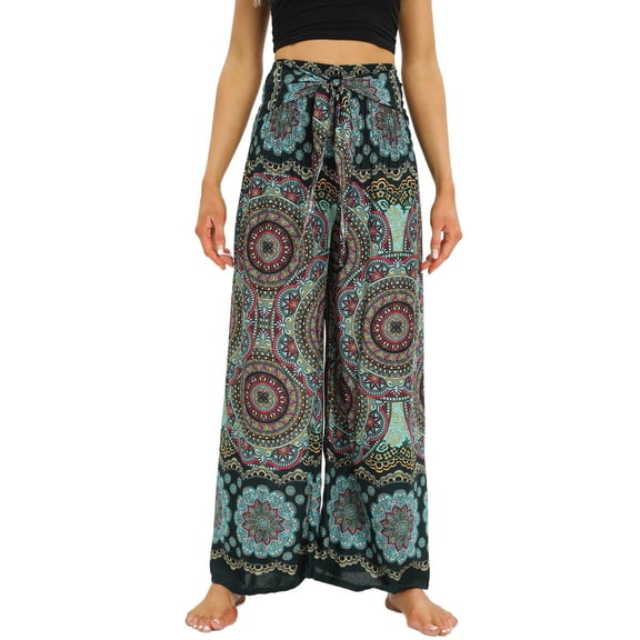 Defitshape Women's High Waisted Yoga Boho Pants Wide Leg Boho Bohemian Summer Soft Travel Lightweight Pants Style2 Small-Large