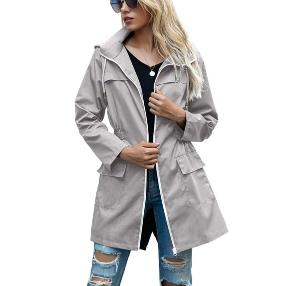 Defitshape Women's Hooded Coat Outerwear Waterproof Anorak Zipper Hoodie Hooded Drawstring Winter Fashion Full Zip Zip Camping Wind Jacket Grey Small