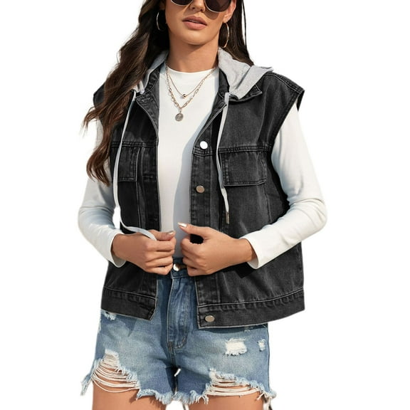 Defitshape Women's Hooded Denim Jacket Vest Loose Washed Casual Fashion Sleeveless Fall Top Summer Pockets Collared Button Down Jean Jackets w/ Detachable Hood Black Small