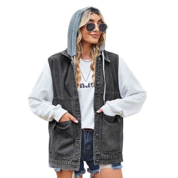 Defitshape Women's Hooded Denim Vest Fall Top Pockets Cotton Button Down Sleeveless Denim Jacket w/ Detachable Hood Washed Casual Fashion Y2K Loose Fit Oversized Long Jean VestDark Grey X-Large