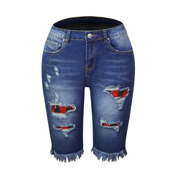Defitshape Women's Jean Shorts Mid Rise Denim Shorts Distressed Cotton Fashion Short Summer Knee Length Jeans Royal Blue Large