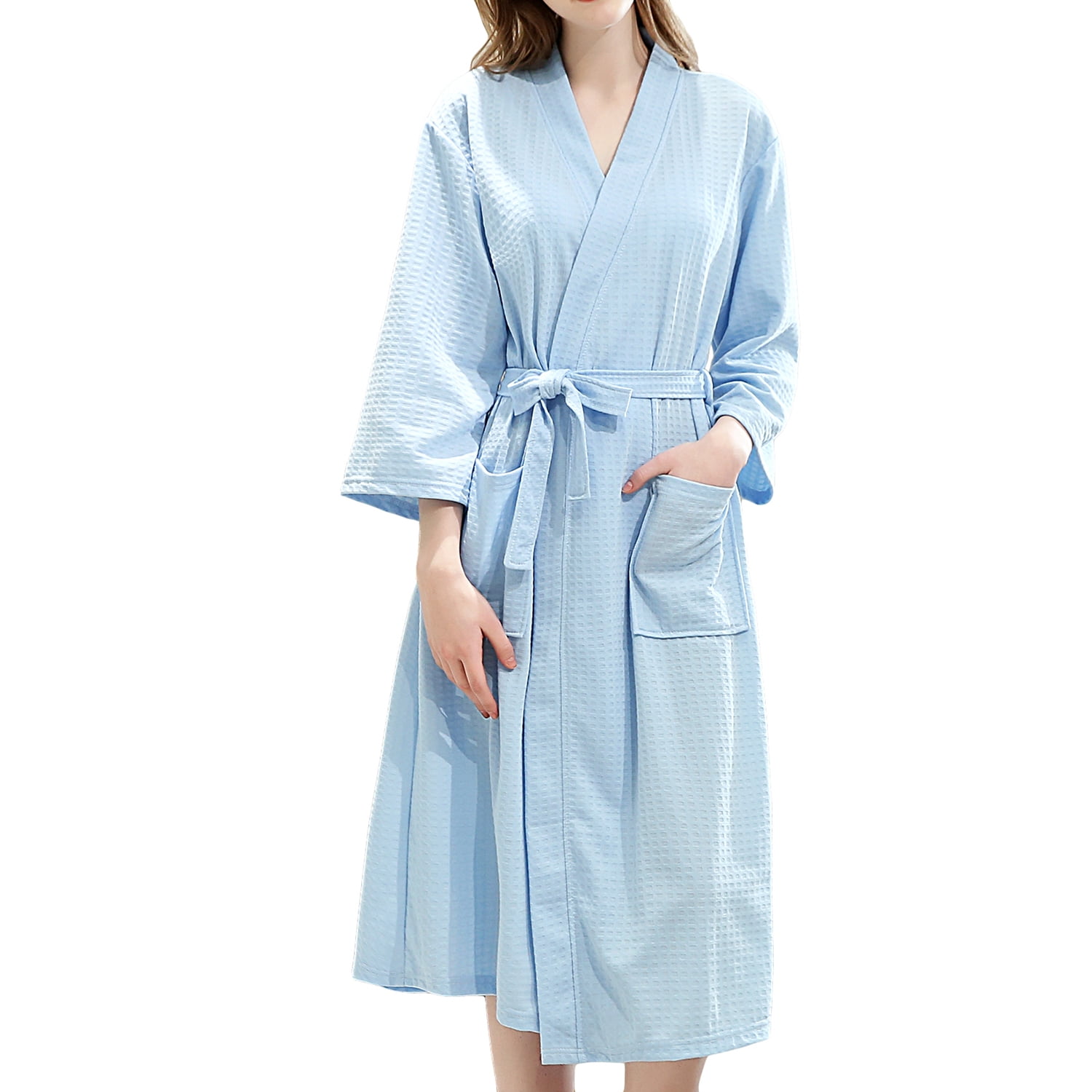 Defitshape Women's Kimono Bath Robe Knee Length Waffle Bathrobe Soft ...