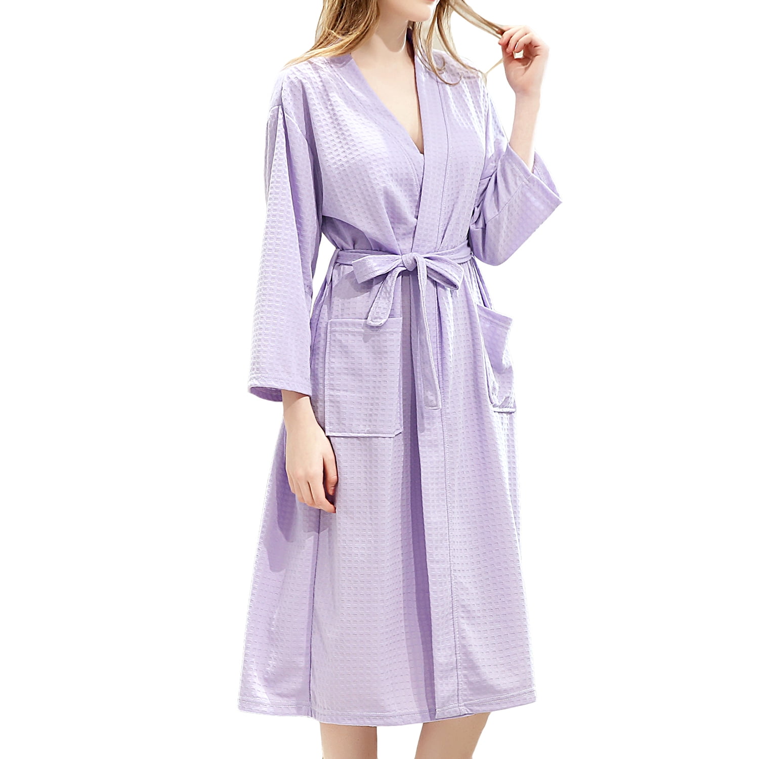 Defitshape Women's Kimono Bath Robe Knee Length Waffle Bathrobe Soft ...