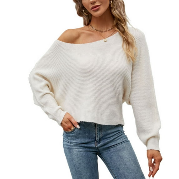 Defitshape Women's Long Bishop Sleeve Chunky Sweater Solid Soft Knit Top One Shoulder Short Fashion Loose Fit Bateau Neck Pullover Knitwear White Large