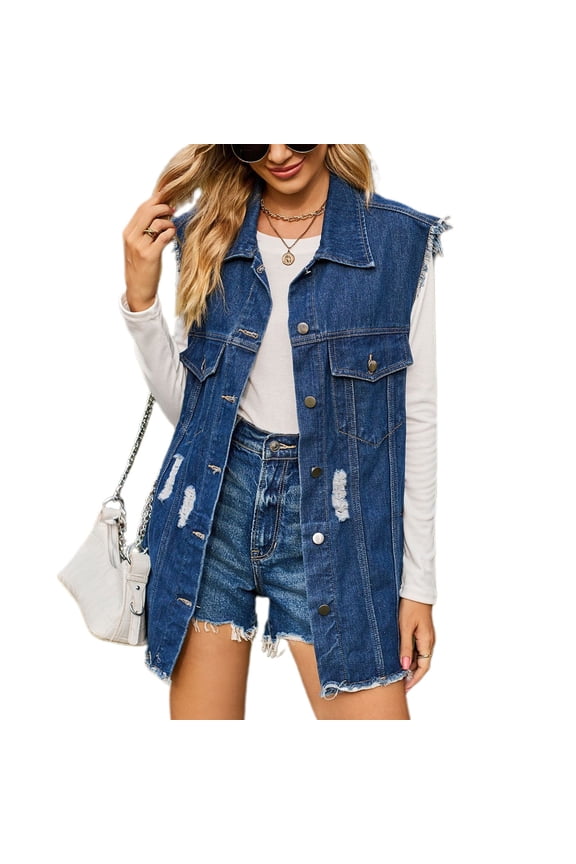 Women's Long Denim Jean Vest Oversized Sleeveless Tank Top Frayed Hem Western Retro Button Down Loose Chunky Summer Ripped Denim Jackets & Coats Blue Medium