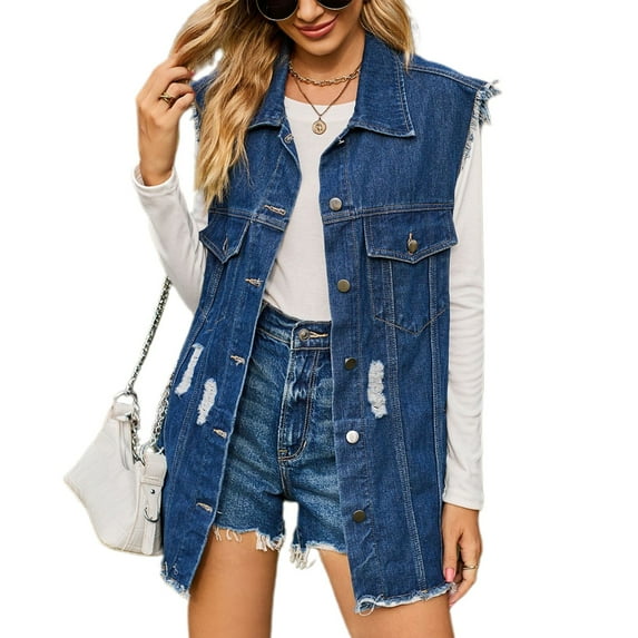 Defitshape Women's Long Denim Jean Vest Oversized Sleeveless Tank Top Frayed Hem Western Retro Button Down Loose Chunky Summer Ripped Denim Jackets & Coats Blue X-Small