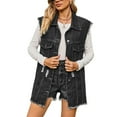 thumbnail image 1 of Defitshape Women's Long Denim Jean Vest Oversized Sleeveless Tank Top Frayed Hem Western Retro Button Down Loose Chunky Summer Ripped Denim Jackets & Coats Dark Grey Small, 1 of 4