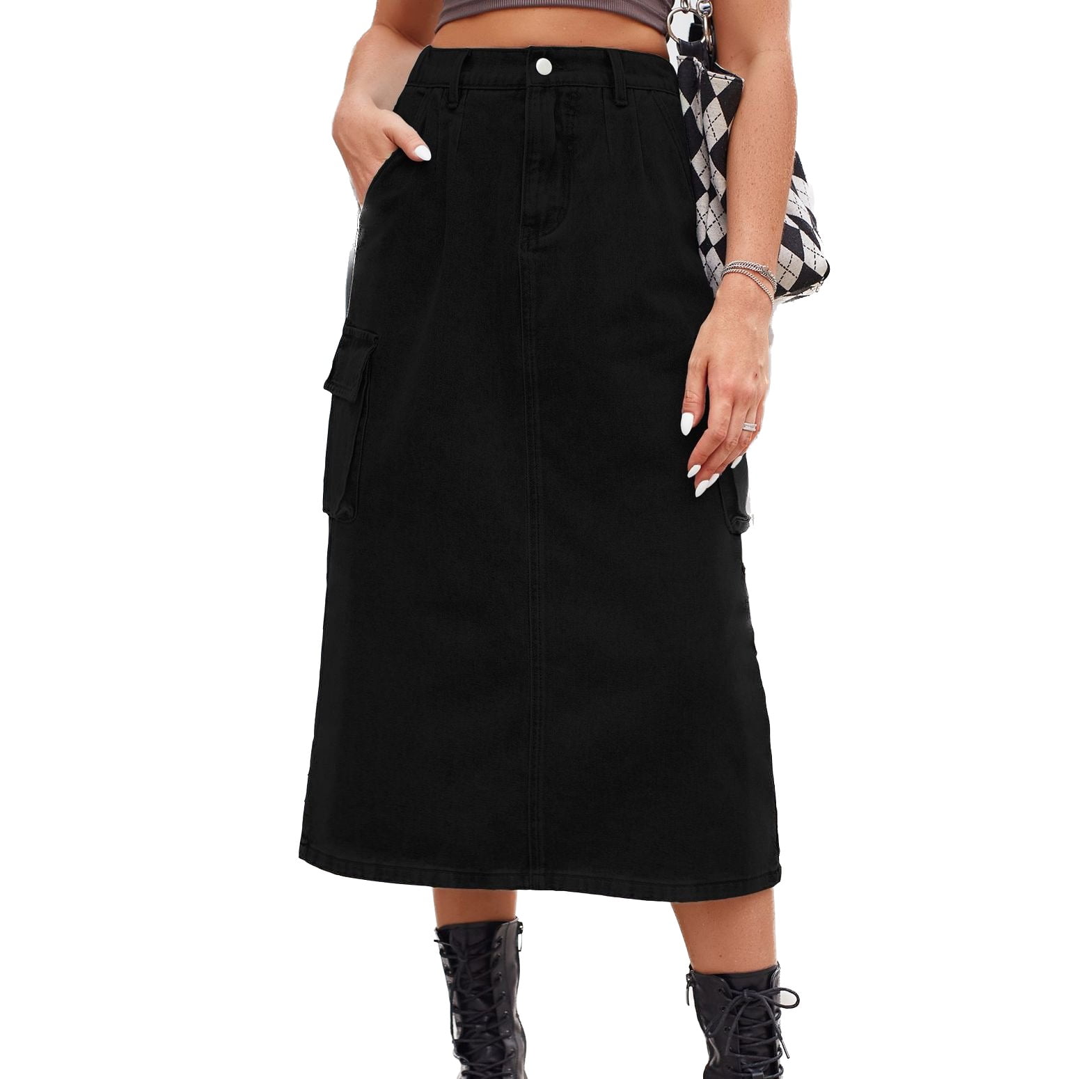 Defitshape Women's Long Denim Skirt Back Slit Elastic High Waisted — free download