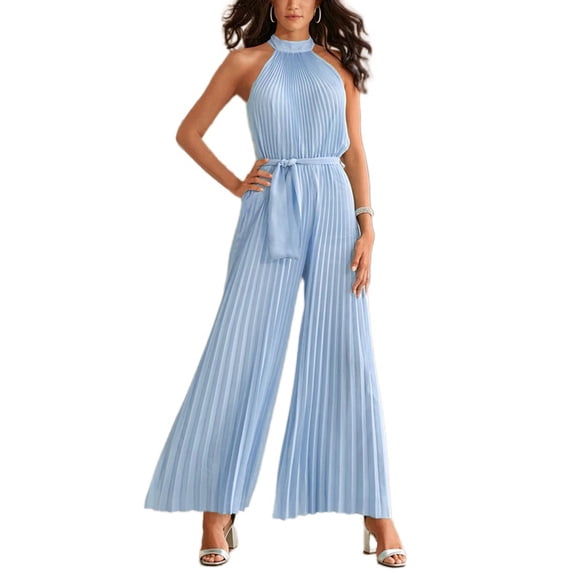 Defitshape Women's Long Jumpsuit Fall Jumpsuits Jumpers & Rompers Sleeveless Pant Backless Summer Wide Leg Jumpers And Rompers Light Blue 20